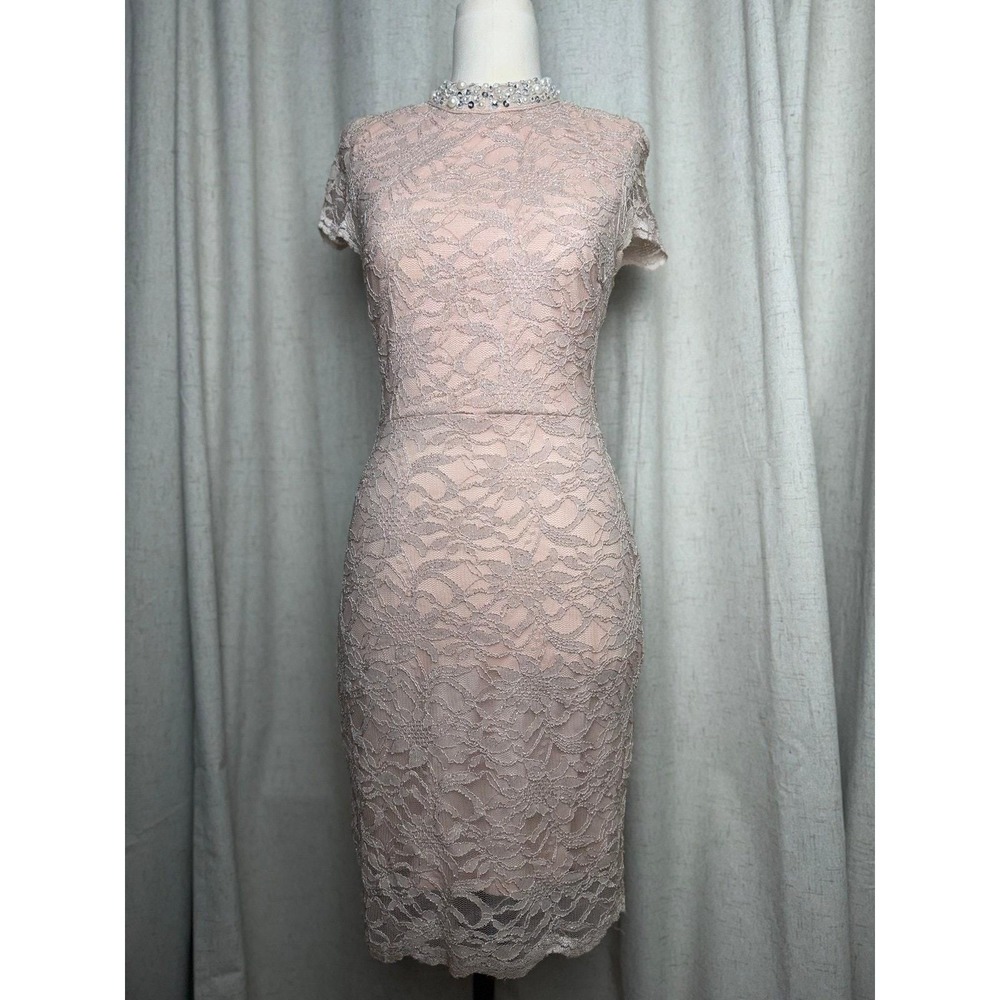 Blush Pink Lace Short Sleeve Midi Dress Pearl Beaded Neckline